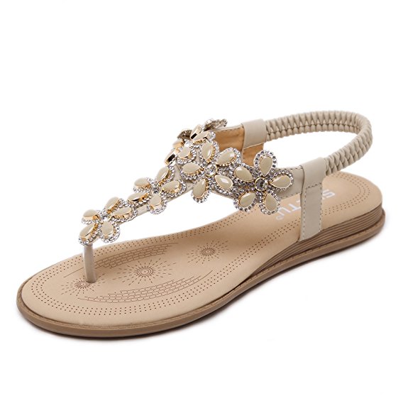 Meeshine Womens Flat Sandals Summer Rhinestone Bohemian Flip Flop Shoes