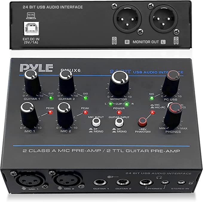 Professional USB Audio Interface with MIC, Guitar, AUX Stereo Inputs, Phone/Monitor Outputs,  Ideal for Computer Playing & Recording, Compact Rugged Metal Housing - PMUX6