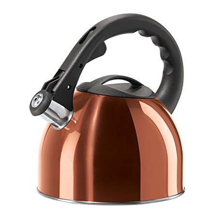 Oggi Stainless Steel Whistling Tea Kettle with Nylon Stay Cool Handle & Trigger Opening Spout, 2.5 L/85 oz, Copper