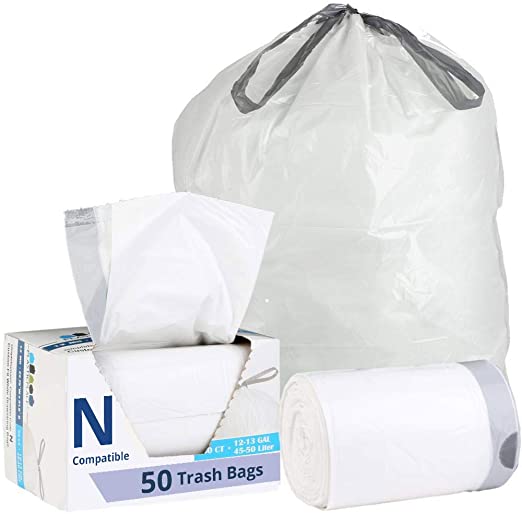 Plasticplace Trash Bags │ Simplehuman Code N Compatible (50 Count) │ White Drawstring Garbage Liners 12-13 Gallon / 45-50 Liter │ 22.75" x 31.5"