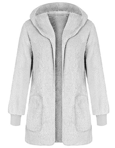 ANGGREK Women Casual Fuzzy Hooded Jacket Faux Fur Cardigan Coat with Pockets