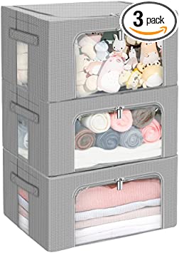 Stackable Clothes Storage Box for Clothing Gadgets,Steel Frame Storage Bins for Bedding Blankets Toys Gift,Foldable Oxford Fabric Closet Organizer Bag Set with Carry Handles and Clear Window (Small- 22L x3 Pack, Grey)