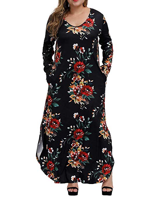 Allegrace Women's Casual Loose Plus Size Dress Long Sleeve Colored Stripe Floral Pocket Split Maxi Dresses