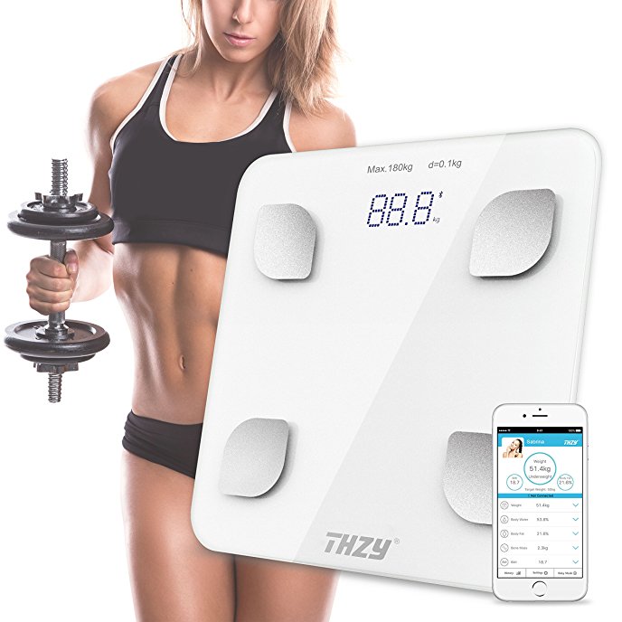 Bluetooth Body Fat Scale,THZY Digital Body Weight Bathroom Scale,Smart Large Backlit Display Scale for Body weight, Body Fat, Water, Muscle Mass, BMI, BMR, Bone Mass and Visceral Fat (White)