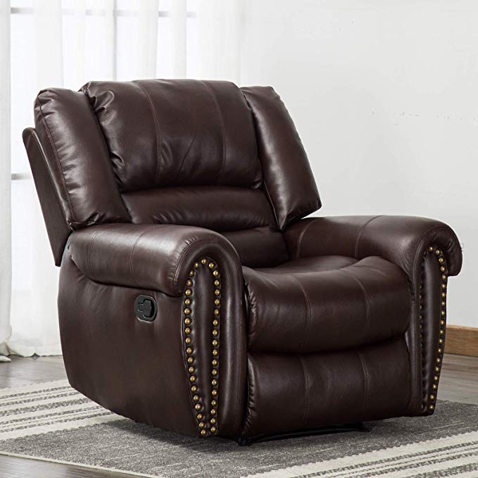 ANJ Leather Recliner Chair Breathable Bonded, Classic and Traditional Manual Recliner Chair with Overstuffed Arms and Back, Dark Brown