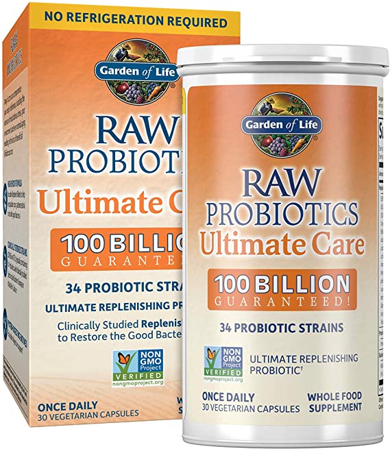 Probiotics for Women and Men - Garden of Life Raw Probiotics Ultimate Care 100 Billion CFU Probiotic Supplement, Daily Probiotic for Adults with Digestive Enzymes, 30 Capsules