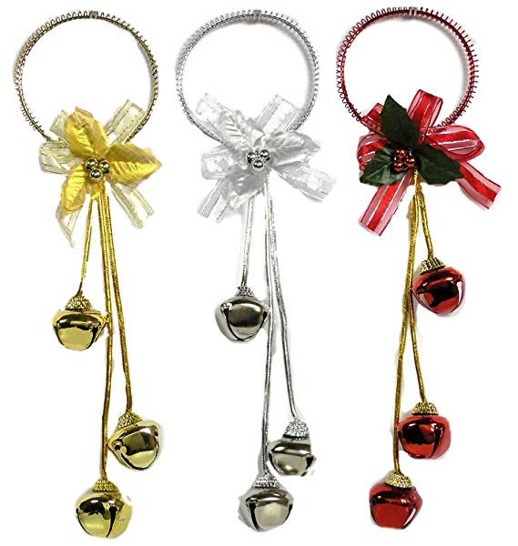 BANBERRY DESIGNS Christmas Door Hangers - Set of 3 Jingle Bell Hangers - Red, Silver and Gold Finish - Christmas Decorations