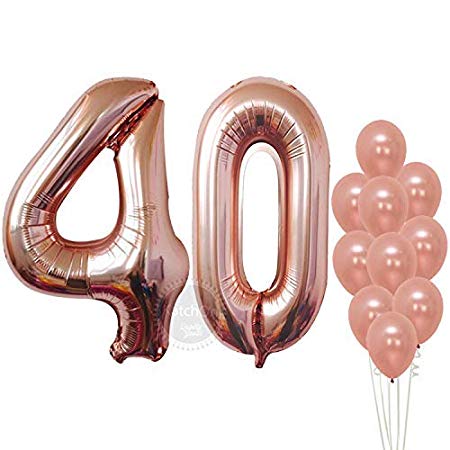 Rose Gold 40th Birthday Balloons, Large, Pack of 12 | Number Balloons Party Decorations Supplies | 40 Number Foil Mylar and Latex Balloon | Match for Other Number Balloons for All Ages