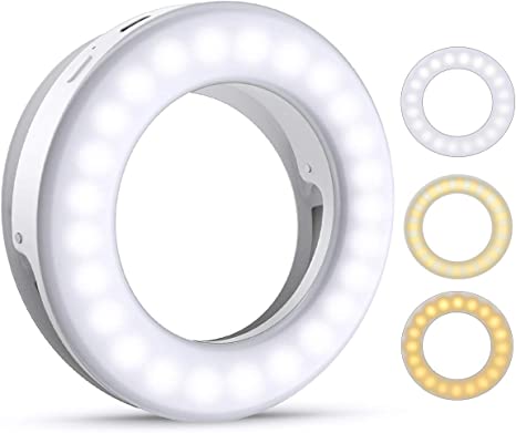 Criacr Selfie Ring Light, 40 LED USB Rechargeable Selfie Fill-Llight, 3-Level Brightness Clip-on Circle Light, Night Selfie Enhancing Ring Light, for Smartphone Laptop, Makeup, Streaming (White)