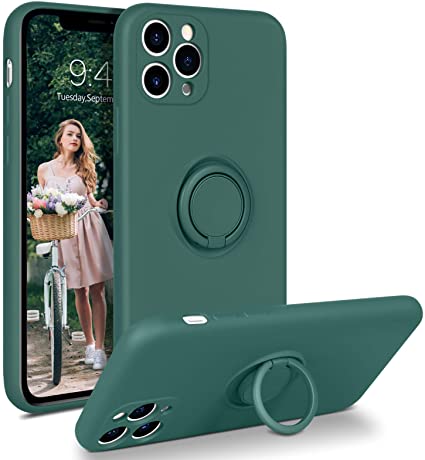 iPhone 11 Pro Max Case, DUEDUE Liquid Silicone Soft Gel Rubber Slim Cover with Ring Kickstand |Car Mount Function,Shock Absorption Full Body Protective Case for iPhone 11 Pro Max, Pine Green