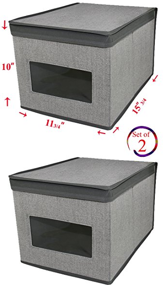Set of 2 Heather Grey Storage Box with See-Through Window, Grey Trim, Convenient Storage Box with Lid, Size: 11 ¾’’ x 15 ¾’’ x 10’’