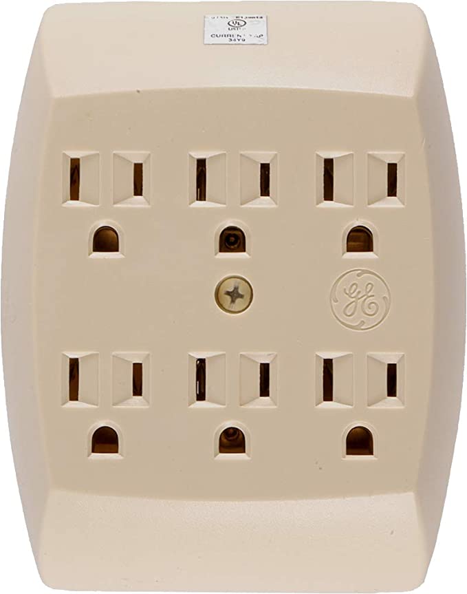 GE 6 Grounded Adapter Wall Tap 3 Prong Outlets, Secure Install, UL Listed, Light Almond, 50262