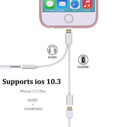 2 in 1 Lightning Adapter and Charger, Lightning to 3.5mm Aux Headphone Jack Audio Adapter for iphone 7/7 plus (Only compatible with IOS 10.3)(Silver)