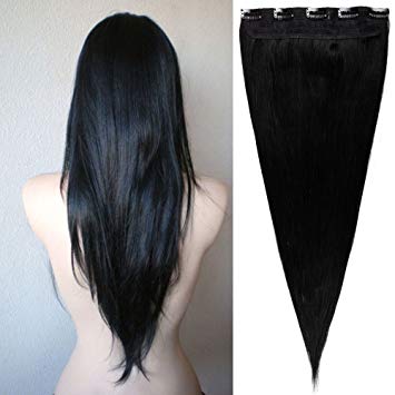 100% Remy Clip in Human Hair Extensions Natural Hair 16-22 inch Grade AAAAA 3/4 Full Head 1 piece 5 clips Long Smooth Silky Straight for Women Fashion 18"/18 inch 45g, 1B Natural Black)