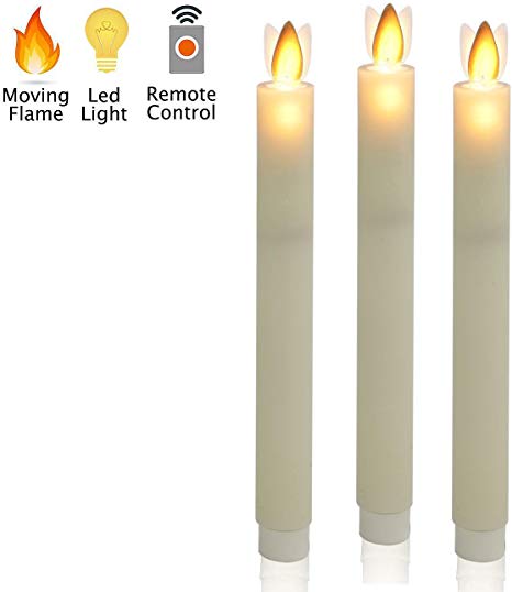 Christmas Flameless Taper Candles Battery Operated with Remote, Real Moving Flame LED Candles Real Wax Flickering Lights for Wedding, Home & Holiday Decoration, Party, Dinner, 9 Inch Pack of 3, Ivory