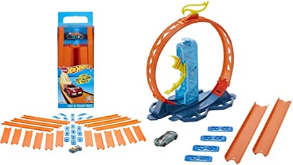 Hot Wheels Track Builder Straight Track with Car [Styles May Vary] & Track Builder Pack Assorted Loop Kicker Pack Connecting Sets Ages 4 and Older