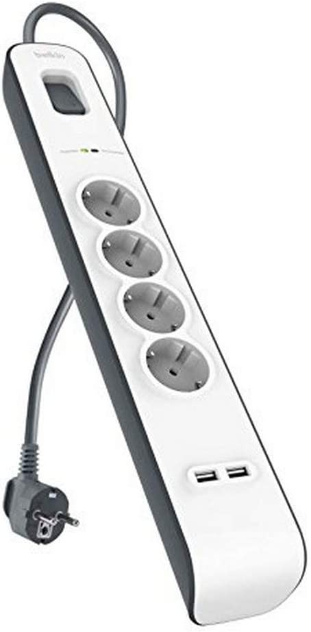 Belkin BSV401VF2M Surge Stripe Protezione dalle Sovracorrenti fino a 525 Joules con 4 Prese, Cavo da 2 m e 2 Porte di Ricarica Condivisa, USB da 2.4 A, Bianco