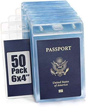 EcoEarth Passport & Face Mask Holders (Clear, 50 Pack), Extra Large (XXL) Vertical ID Holder, Resealable and Waterproof Identification Name Card Holder