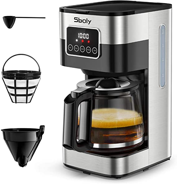 Sboly Programmable Coffee Maker, 10 Cup Drip Coffee Maker with Glass Coffee Pot, Stainless Steel Coffee Maker with Timer and Strength Control, Automatic Coffee Machine Includes Reusable Filter
