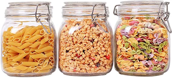 ComSaf Airtight Glass Canister Set of 3 with Lids 34oz Food Storage Jar Square - Storage Container with Clear Preserving Seal Wire Clip Fastening for Kitchen Canning Cereal,Pasta,Sugar,Beans,Spice