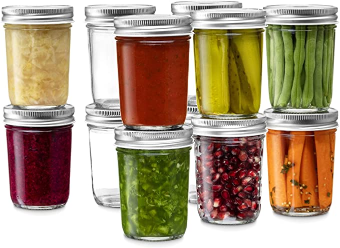 Glass Regular Mouth Mason Jars, 8 Ounce Glass Jars with Silver Metal Airtight Lids for Meal Prep, Food Storage, Canning, Drinking, for Overnight Oats, Jelly, Dry Food, Spices, Salads, Yogurt (12 Pack)