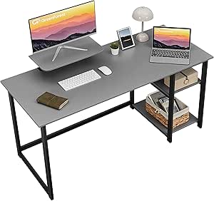 GreenForest Computer Home Office Desk with Monitor Stand and Reversible Storage Shelves,55 inch Modern Simple Writing Study PC Work Table,Grey