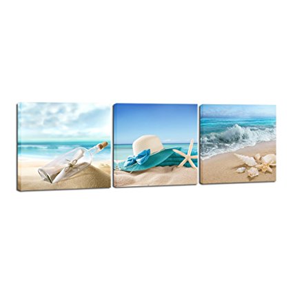 Pyradecor 3 Panels Starfish Seashell Bottle Beach Pictures on Canvas Wall Art Modern Seascape Stretched and Framed Giclee Canvas Prints Seaview Landscape Artwork for Bedroom Home Office Decorations