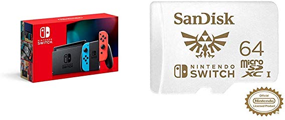 Nintendo Switch with Neon Blue and Neon Red Joy‑Con - HAC-001(-01)   SanDisk 64GB MicroSDXC UHS-I Card