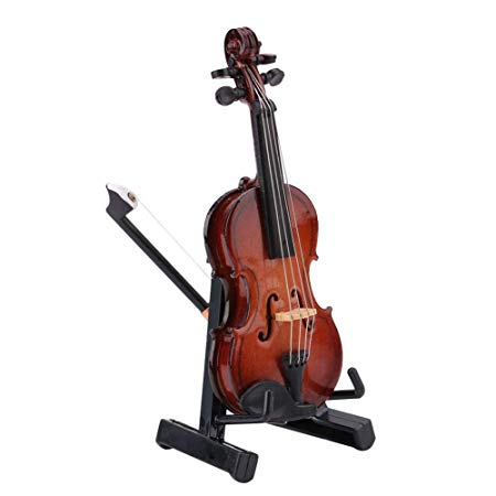 Garosa Wooden Miniature Violin Mini Musical Instrument Model Decor Model Decor with Bow Stand Support and Black Case for Kids Dollhouse Accessory