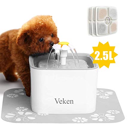 Veken Pet Fountain, 84oz/2.5L Automatic Cat Water Fountain Dog Water Dispenser with 3 Replacement Filters & 1 Silicone Mat for Cats, Dogs, Multiple Pets