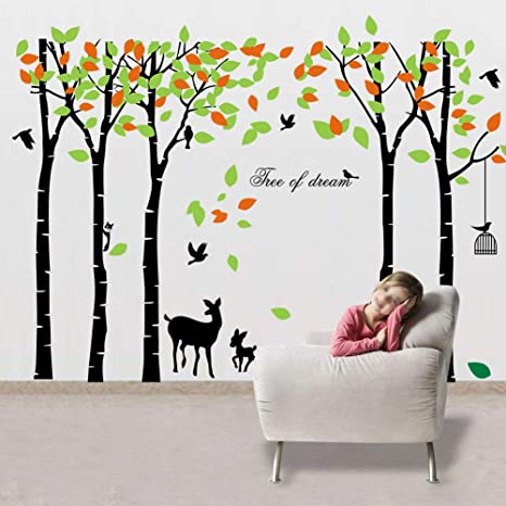 Mix Decor Tree Wall Decal - 5 Trees Wall Sticker Large Family Forest Deer Woodland for Livingroom Kid Baby Nursery Room Decoration Gift,102x72 Inch 1 PCS,Green Black Orange