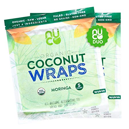 All-Natural, Paleo, Gluten Free, Vegan Non-GMO, Kosher Raw Veggie NUCO Coconut Wraps Moringa Flavor. NO Salt Added Low Carb and Yeast Free 10 Count (Two Packs of Five Wraps Each)