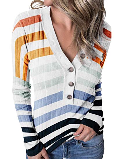 MEROKEETY Women's Long Sleeve V Neck Ribbed Button Knit Sweater Solid Color Tops