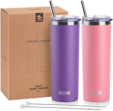 Koodee 20 oz Stainless Steel Skinny Tumbler(2 Pack) Double Wall Insulated Slim Water Tumbler Cup with 2 Lids, 2 Straws and 2 Straw Brushes （Purple-Pink）