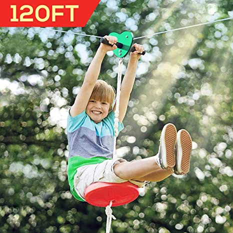 Hi-Na Zip Line Kit 80ft 100ft 120ft Zipline Kits for Backyard Kids Play Set Zipline with Seat Handles Ziplines for Backyards Zipline 100 Foot Zip Line Kit Zip Line Play Set Zipline for Kids (120ft)