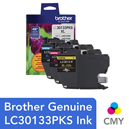 Brother Genuine LC30133PKS 3-Pack High Yield Color Ink Cartridges, Page Yield Up to 400 Pages/Cartridge, Includes Cyan, Magenta and Yellow, LC3013