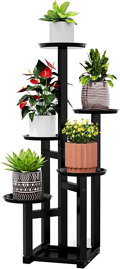 POTEY 5 Tiered Metal Plant Stand Indoor, Tall Plant Shelf Corner Plant Stands for Indoor Plants Multiple, Black Plant Shelf Rack for Outdoor Home Patio Lawn Garden