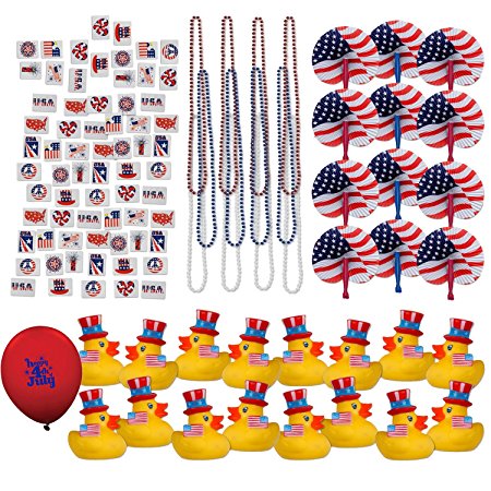 109 Piece Mega Patriotic Toy Novelty Assortment; 72 Glitter Patriotic Temporary Tattoos; 12 Patriotic Rubber Ducks; 12 Patriotic Paper Fans; 12 33" Patriotic Necklaces and 9" Balloon.