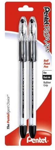 Pentel R.S.V.P. Ballpoint Pen, Fine Line, Black Ink, 2 Pack (BK90BP2A)