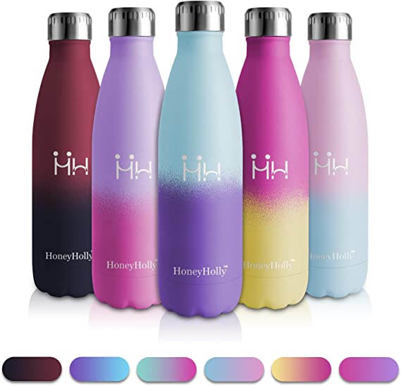 HoneyHolly Stainless Steel Water Bottle 350/500/600/750ml, Double Walled Vacuum Insulated, Bpa Free, 12 Hours Hot/24 Hours Cold, Reusable Leakproof Water Bottles for Kids, Gym,Yoga, Cycling, Outdoors