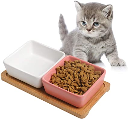 Cat Bowl Cat Food Bowls, Mini Double Dog Bowl Premium Ceramic Pet Bowls, Mini Plates, with Wooden Square Bracket Cute Modeling Pet Food Water for Feeder Hamsters Rabbit Puppy Small Animals and Pets