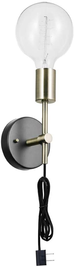 Novogratz x Globe Owen 1-Light Plug-In or Hardwire Wall Sconce, Antique Brass Socket, Dark Bronze Cloth Cord 51371