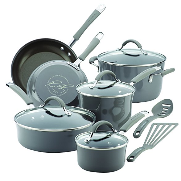 Rachael Ray 12 Piece Cucina Hard Porcelain Enamel Nonstick Cookware Set, Sea Salt Gray