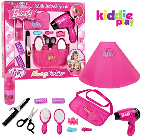 Kiddie Play Pretend Play Girls Beauty Salon Fashion Toy Set Including Hair Dryer Curling Iron Mirror Scissors Hair Brush and More (13 piece)