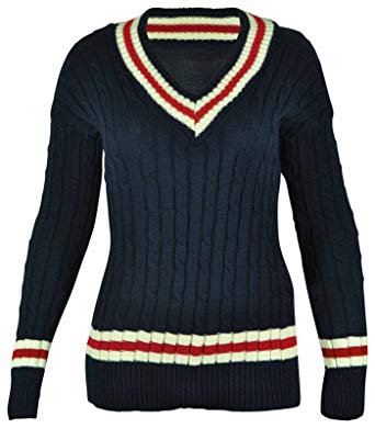 New Ladies V Neck Cable Knitted Cricket Jumper Womens Stretch Long Sleeve Stripe Top