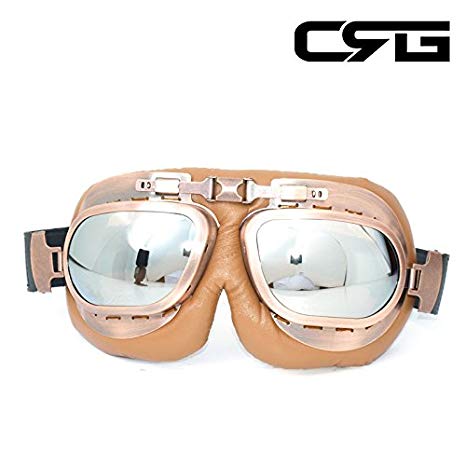 CRG Sports Vintage Aviator Pilot Style Motorcycle Cruiser Scooter Goggle T12 T12NSN Silver lens, copper color frame, brown padding
