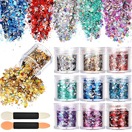 Tatuo 10 Boxes Nail Chunky Glitter Sequins Iridescent Flakes Cosmetic Paillette Ultra-thin Tips with 10 Pieces Eyeshadow Brushes for Face Body Hair Nails (Color Set 2)