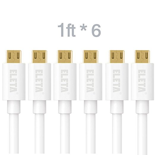 ELETA [6-Pack] Premium 1ft Micro USB Cables High Speed USB 2.0 A Male to Micro B Sync and Charge Cables for Android, Samsung, HTC, Motorola, Nokia and More (White)