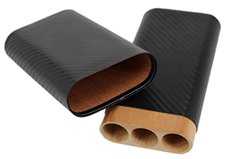 AMANCY Manly Carbon Fiber Black Cigar Case Cedar Wood Lined 3 Tube Cigar Humidor