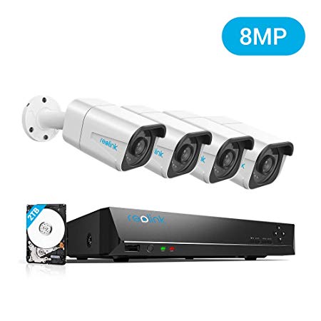 Reolink 4K Ultra HD 8CH PoE Security Camera System, 4x Wired 8MP Outdoor PoE IP Cameras, 8MP 8-Channel NVR with 2TB HDD Video Surveillance System CCTV Kits for 24x7 Recording RLK8-800B4